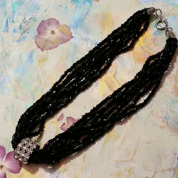 Sparkly Black Beaded Necklace - multi stand glass… - image 4