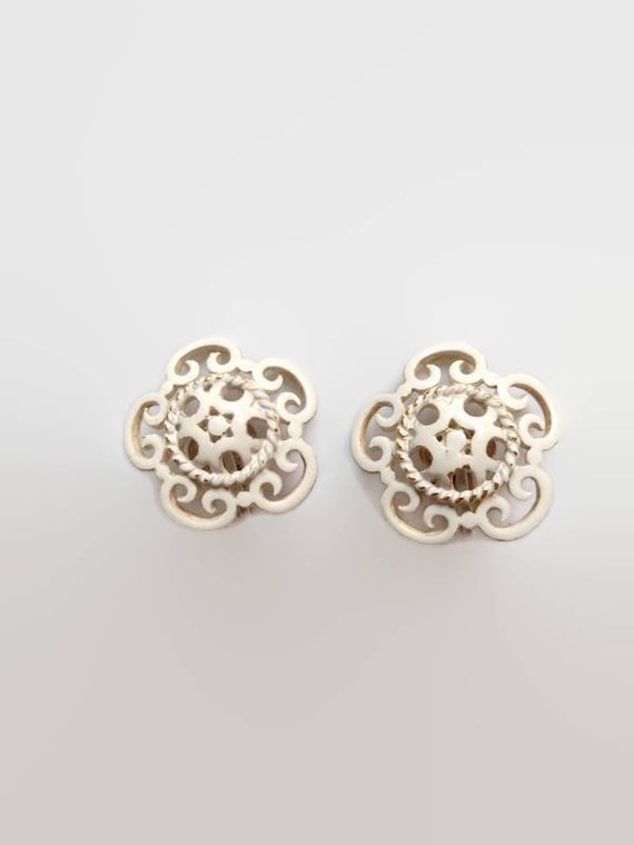 Trifari White Enamel Floral Earrings - vintage st… - image 1