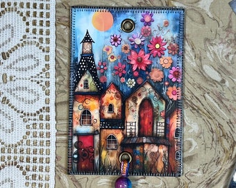 Flower House - Colorful House - Floss Bling - Thread Jewelry, Mini Art Quilts for your Floss
