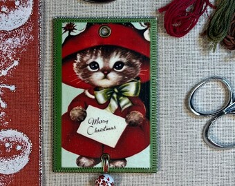 Kitty in Holiday Coat for Christmas Sparkling Floss Bling, Thread Jewelry, Mini Art Quilts for your Floss...