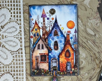 Rock Chimney House - Colorful House - Floss Bling - Thread Jewelry, Mini Art Quilts for your Floss