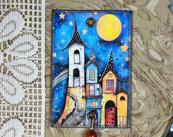 Full Moon - Colorful House - Floss Bling - Thread Jewelry, Mini Art Quilts for your Floss