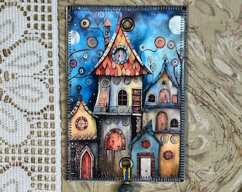 White Door House - Colorful House - Floss Bling - Thread Jewelry, Mini Art Quilts for your Floss