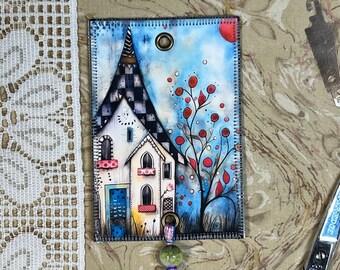 White House - Blue Door - Floss Bling - Thread Jewelry, Mini Art Quilts for your Floss