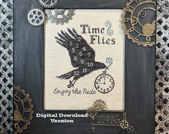 Time Flies DIGITAL DOWNLOAD Cross Stitch Pattern - Raven - Sampler - Pocket Watch
