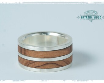 Double band Olive wood and silver mans ring