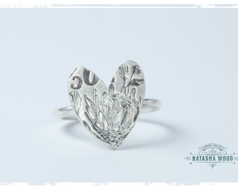 Sterling Silver Protea Heart ring