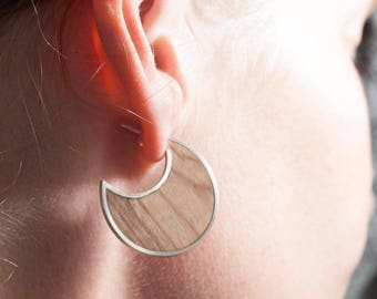 Olive wood and silver Moon Hoop studs