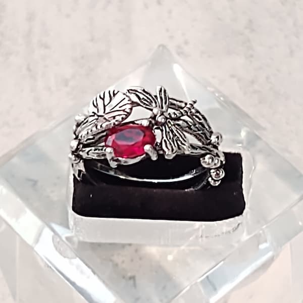 Dragonfly On A Lily Pad .925 Sterling Ring - Red July Birthstone Gift