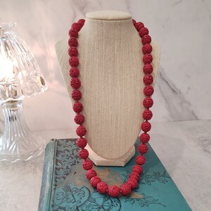 60s Cinnabar Hand Knotted Strand of Beads Cinnabar Carved Beads with Brass Box Clasp Vintage Carved Cinnabar Hand Knotted Beaded Necklace