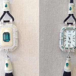 FX White Enamel Green Crystal Accents Pendant Watch 30&quot;  Necklace - Y19