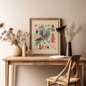 Inspirowane stylem vintage, ludowe wydruki ścienne, ilustracje ptaków, wystrój domu w stylu naturalnym na zewnątrz, skandynawska kolekcja sztuki boho (Wielka Brytania/UE)