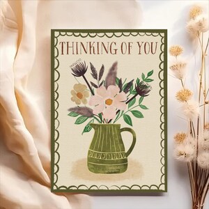 Je pense à vous / Soutien doux Carte de voeux Art folklorique Fleurs dans un pichet vert