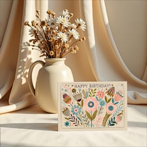 Carte de joyeux anniversaire florale Style gouache numérique, carte de voeux imprimable pour elle, illustration fantaisiste de fleurs pastel dessinées à la main