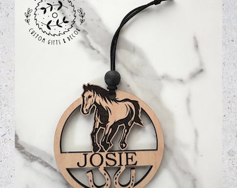 Personalized Horse Ornament – Custom Name & Horseshoe Design – Wooden Equestrian Gift