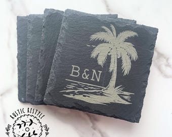 Slate Coaster Set: Palm Tree Engraved Design (Custom Initials, 4 Pieces)