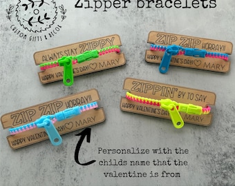 Zipper Bracelet Valentines • Kids Classroom Valentine Cards • Personalized School Valentine Gift Tags