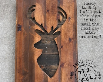 Rustic Deer Head Wall Art – Wooden Deer Silhouette Sign – Cabin Decor – Ready to Ship