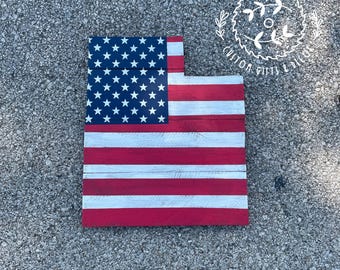 Utah American Flag Wood Sign, 20" Pallet Sign, Rustic Patriotic Wall Decor, Handmade USA Flag Art