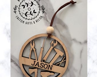 Personalized Tool Ornament, Woodworking Gift, Wood Keepsake for DIY Lovers