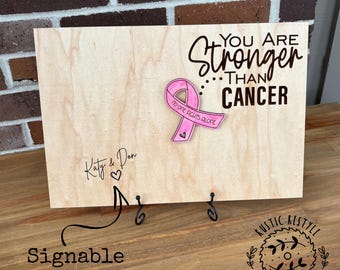 Stronger Than Cancer Plaque: Pink Ribbon Signable Guest Book