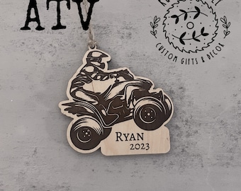 ATV Christmas Ornament, Personalized wood  4 Wheeler ornament