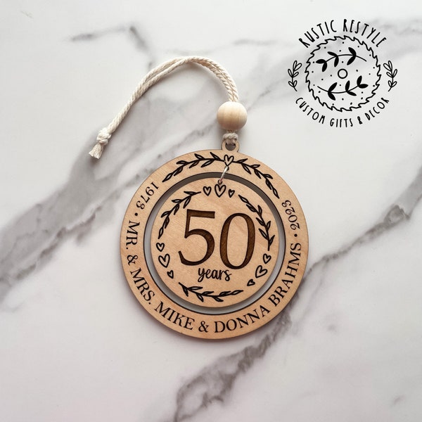 Wedding anniversary ornament, wood Christmas ornament gift 50th, 40th, 30th, 20th, 10th, 5th anniversary