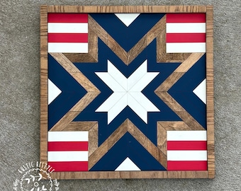 18x18 indoor Stars and Stripes patriotic barn quilt, wood mosaic geometric wall art sign