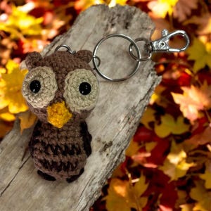 May include: A brown crocheted owl keychain with large black eyes and a yellow beak. The owl is attached to a silver key ring with a clasp.