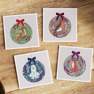 Pacote de 4 cartões de Natal em aquarela feitos à mão // Cartão de veado de Natal, ilustrações aquáticas, arte pintada à mão