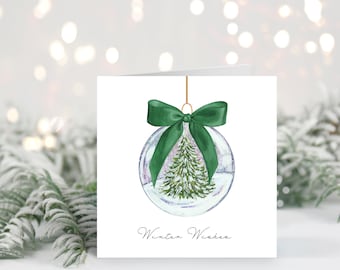 Handmade Christmas Card // watercolour bauble, holiday card, winter tree, snowy, nature, botanical