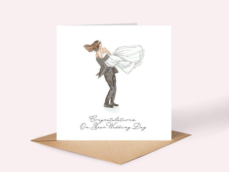 Wedding Day Couple Card // watercolour art, wedding illustration, congratulations, on your wedding day image 1