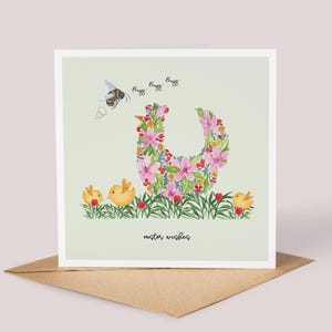 Carte de Pâques faite main / Aquarelle, poules de Pâques, illustration de fleurs sauvages, joyeuses Pâques