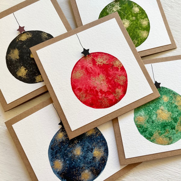 5er Pack handbemalte Weihnachtskarten // 4 Zoll im Quadrat, Aquarell, Christbaumkugel, einzigartig, individuell