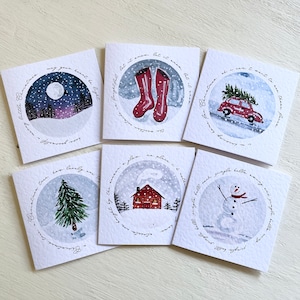 Pacote de seis cartões de Natal feitos à mão // notas de feriado, ilustrações em aquarela, saudações de temporada