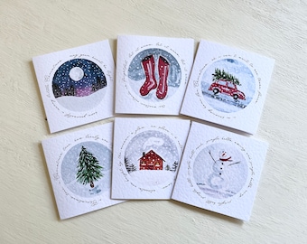 Lot de six cartes de Noël fabriquées à la main // notes de vacances, illustrations à l'aquarelle, voeux de saison