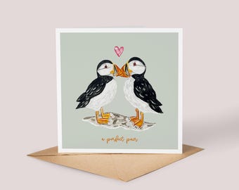 Carte faite main macareux aquarelle / Oiseaux, Saint-Valentin, Anniversaire, Mariage, Pour les couples, Pour elle, Pour lui, Je t'aime