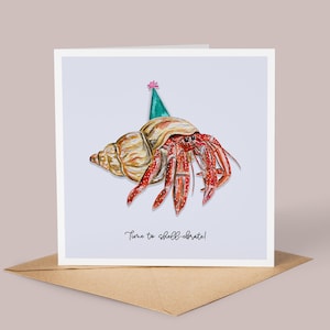 Krab verjaardagskaart//Kluizenaarkrab kaart, gepersonaliseerde kaart, viering, krab aquarel kaart