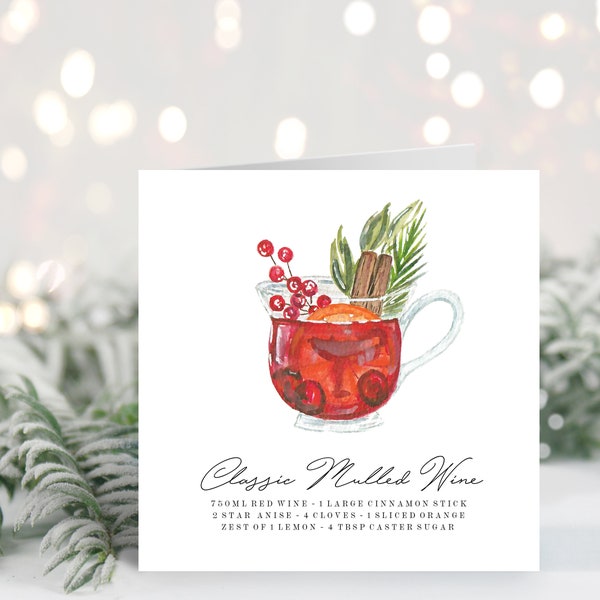 Handmade Christmas Card // watercolour mulled wine, recipe card, holiday greeting, winter, botanical art