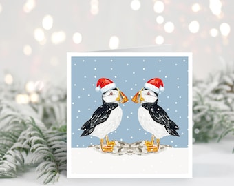 Handmade Watercolour Puffin Christmas Card, Holiday Couple Card