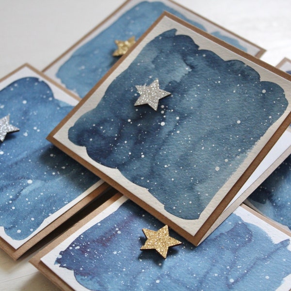 Cartes de Noël à l’aquarelle peintes à la main, cartes de vacances, salutations, céleste, lune et étoiles, remplissage de bas, art original