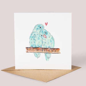 Biglietto d'auguri fatto a mano con uccellini innamorati acquerellati // Uccelli, San Valentino, Anniversario, Matrimonio, Per coppie, Per lei, Per lui, Ti amo