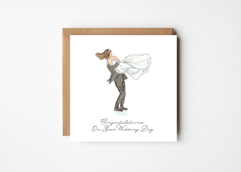 Wedding Day Couple Card // watercolour art, wedding illustration, congratulations, on your wedding day image 2