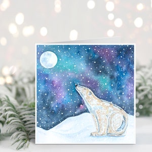 Handgemaakte kerstkaart // aquarel ijsbeer, kerstkaart, winters tafereel, besneeuwd, natuur, botanisch