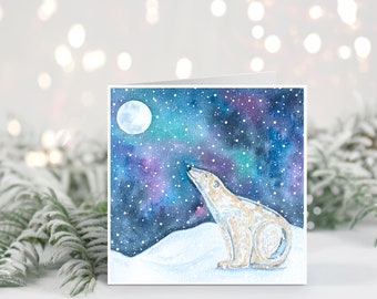 Handmade Christmas Card // watercolour polar bear, holiday card, winter scene, snowy, nature, botanical