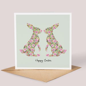 Handgemachte Osterkarte // Osterhase, Ostereier, Wildblumen Illustration, Frohe Ostern, Ostersonntag,