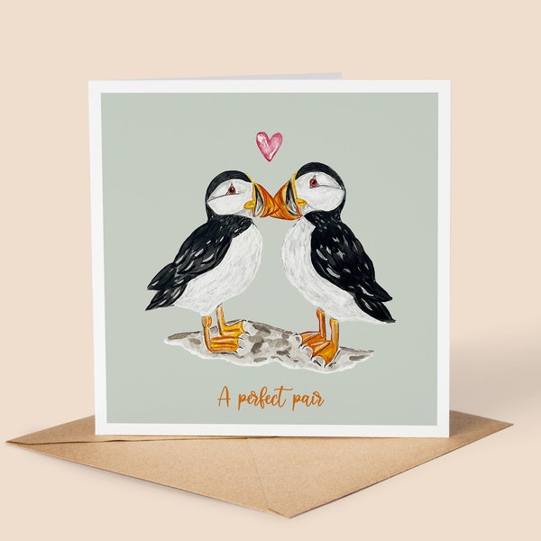 Handmade Watercolour Puffin Card // Valentines, Anniversary, Wedding, For Couples, For Her, For Him, I Puffin Love You