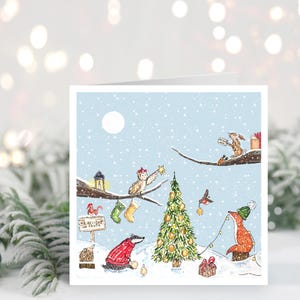 Handgemachte Weihnachtskarte, Wald Karte, Waldtiere At Christmas, Weihnachtskarte, Verschneiter Wald, Dachs, Kaninchen, Fuchs
