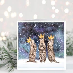 Handgemachte Weihnachtskarte // die drei weise Männer Karte, Aquarell Otter, Feiertagskarte, Winterbaum, verschneit