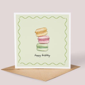 Carte d'anniversaire faite main//illustration aquarelle de macaron, gâteau peint à la main, macarons aquarelle, carte de Style parisienne